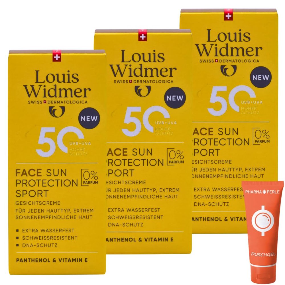 Louis Widmer Face Sun Protection Sport 50, 3 x 50 ml | Lightweight, Moisturizing Facial Emulsion | Extra Water-Resistant | Sweat-Resistant | High UV Protection | Value Pack with Pharma-Perle Giveaway