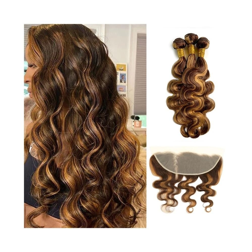 Huangj-0527 Everyday Body Wave Bundles with Frontal, P4/27 Brazilian Virgin Hair, 3 Bundles with 13x4 Lace Frontal, Easy to Wear (20/22/24 in, 18 in Closure)