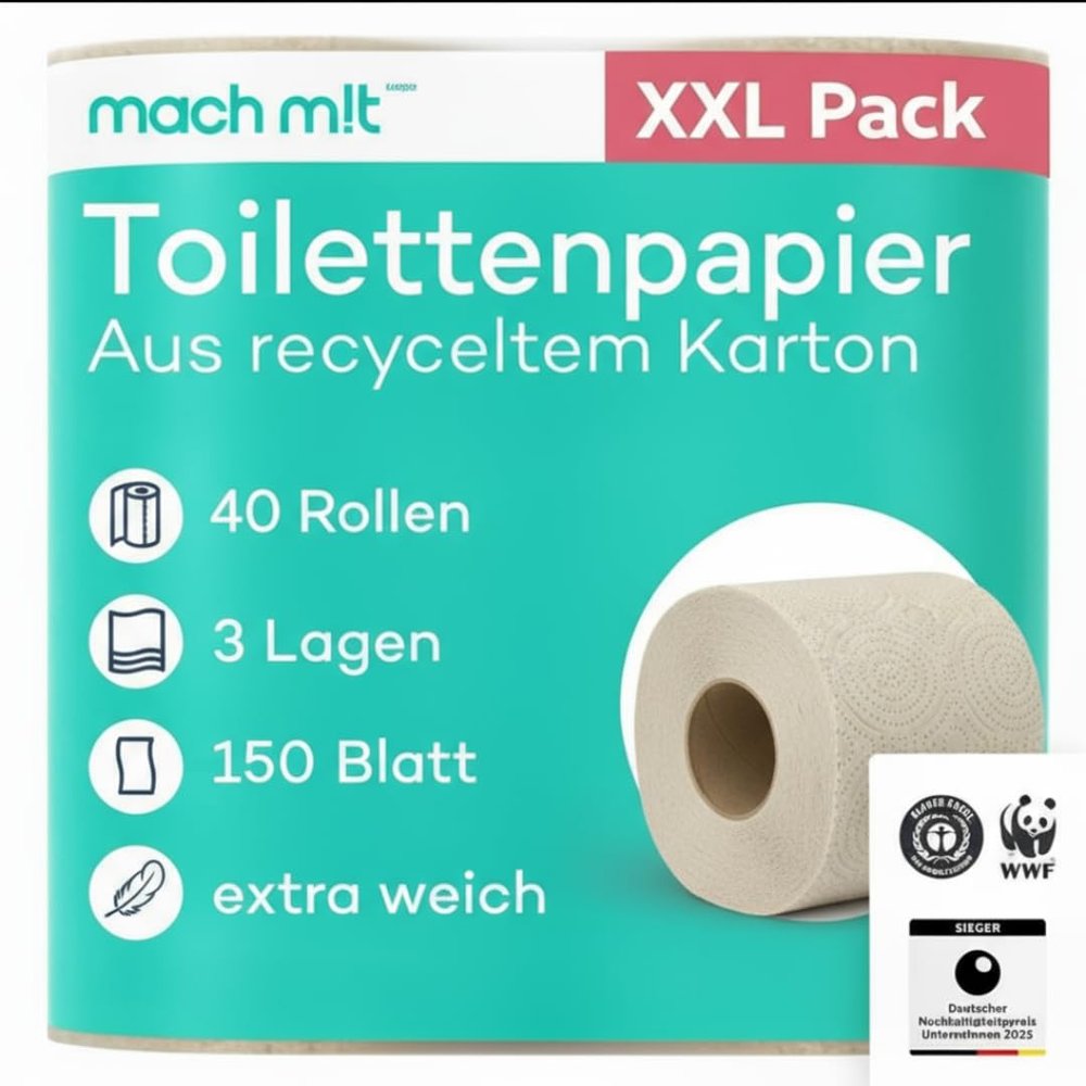 40 Rolls - 3-Ply Toilet Paper - Unbleached - Recycled Cardboard - Soft & Eco-Friendly - Made in Germany - Recyclable - 150 Sheets per Roll