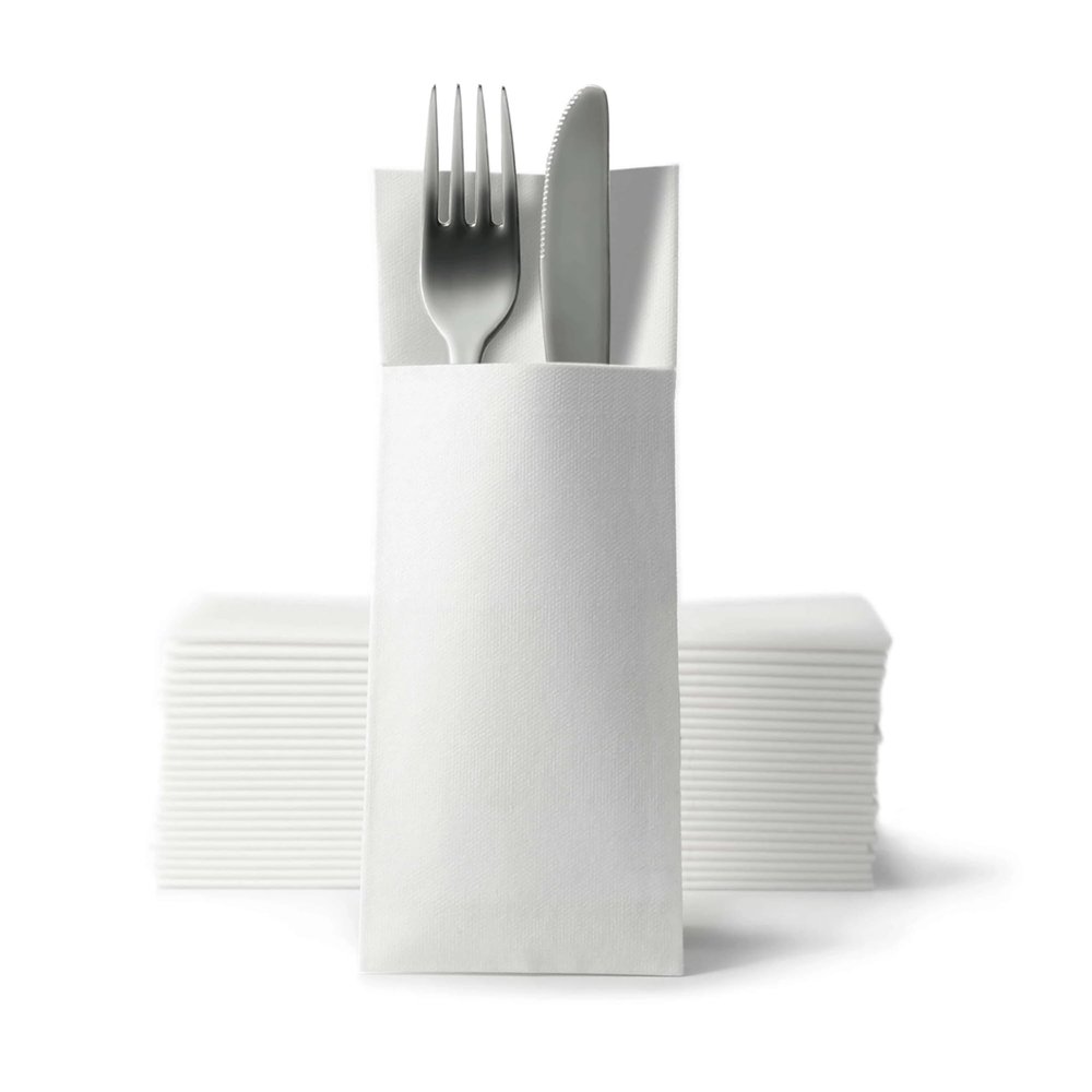 Gastroservietten.de Airlaid Cutlery Napkins, Cutlery Pouches with Napkin 32 x 40 cm, Wedding Cutlery Pouches, 50 pcs, White