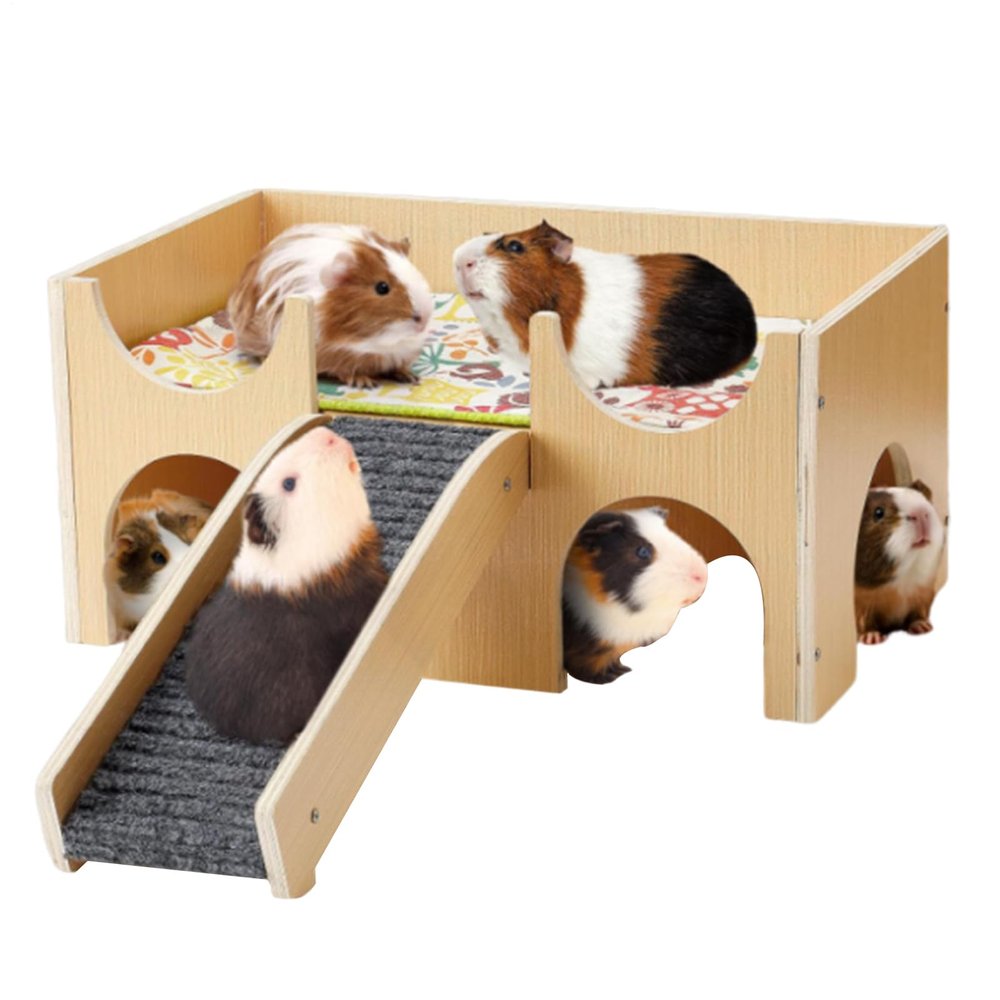 Multi-Level Guinea Pig Hideout with Stairs and Mats, Extra-Large Wooden Small-Animal House, 23.7 x 38 x 18 cm