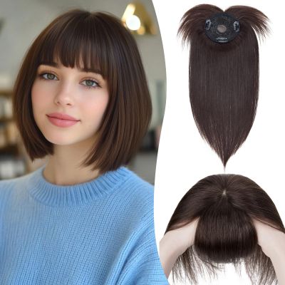 S-noilite Human Hair Topper for Women with Bangs, 150% Density, Mono Base, 50 cm, 47 g, #2 Dark Brown
