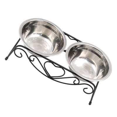 Elevated Pet Food Bowl with Stand, 1 Set, Stainless Steel, Black