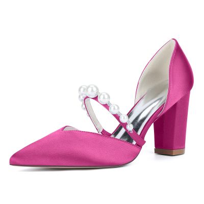 Gycdwjh Women's Closed-Toe Satin Bridal Pumps with Pearl Ankle Strap, Rose Red, EU 35