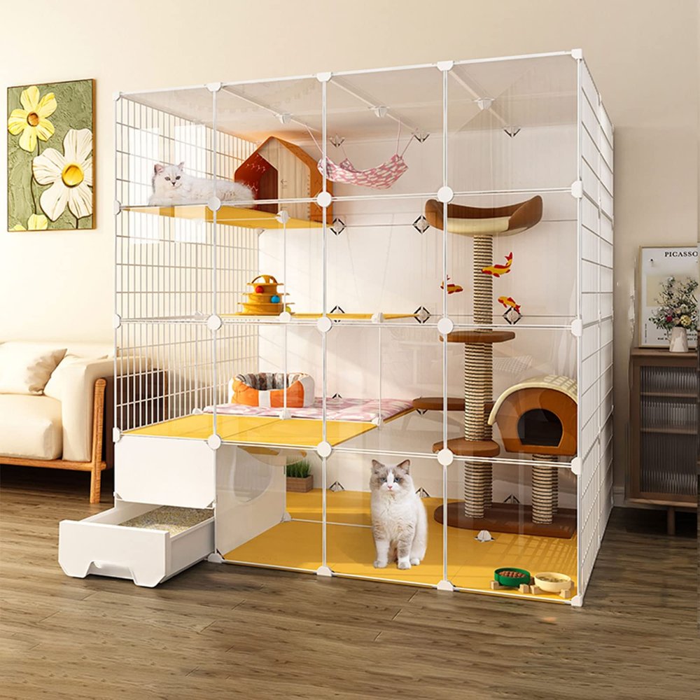 Indoor Cat Enclosure with Enclosed Litter Box, Panoramic Transparency, Front Door, A-147×147×95 cm
