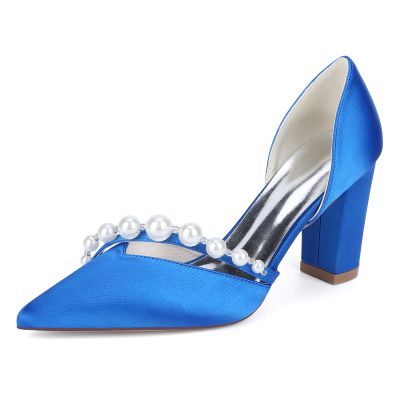 Gycdwjh Women's Closed-Toe Pearl-Trimmed Satin Pumps, Royal Blue, EU 35