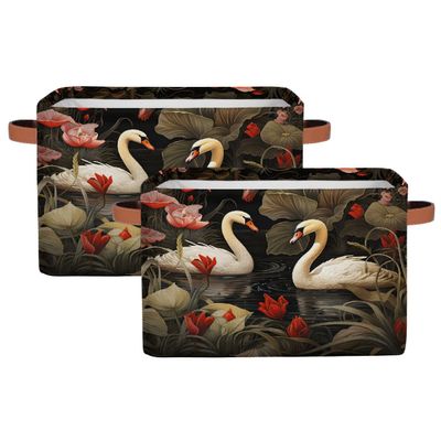 Mexpekil Floral Swan Canvas Storage Baskets, Foldable, 2-Pack