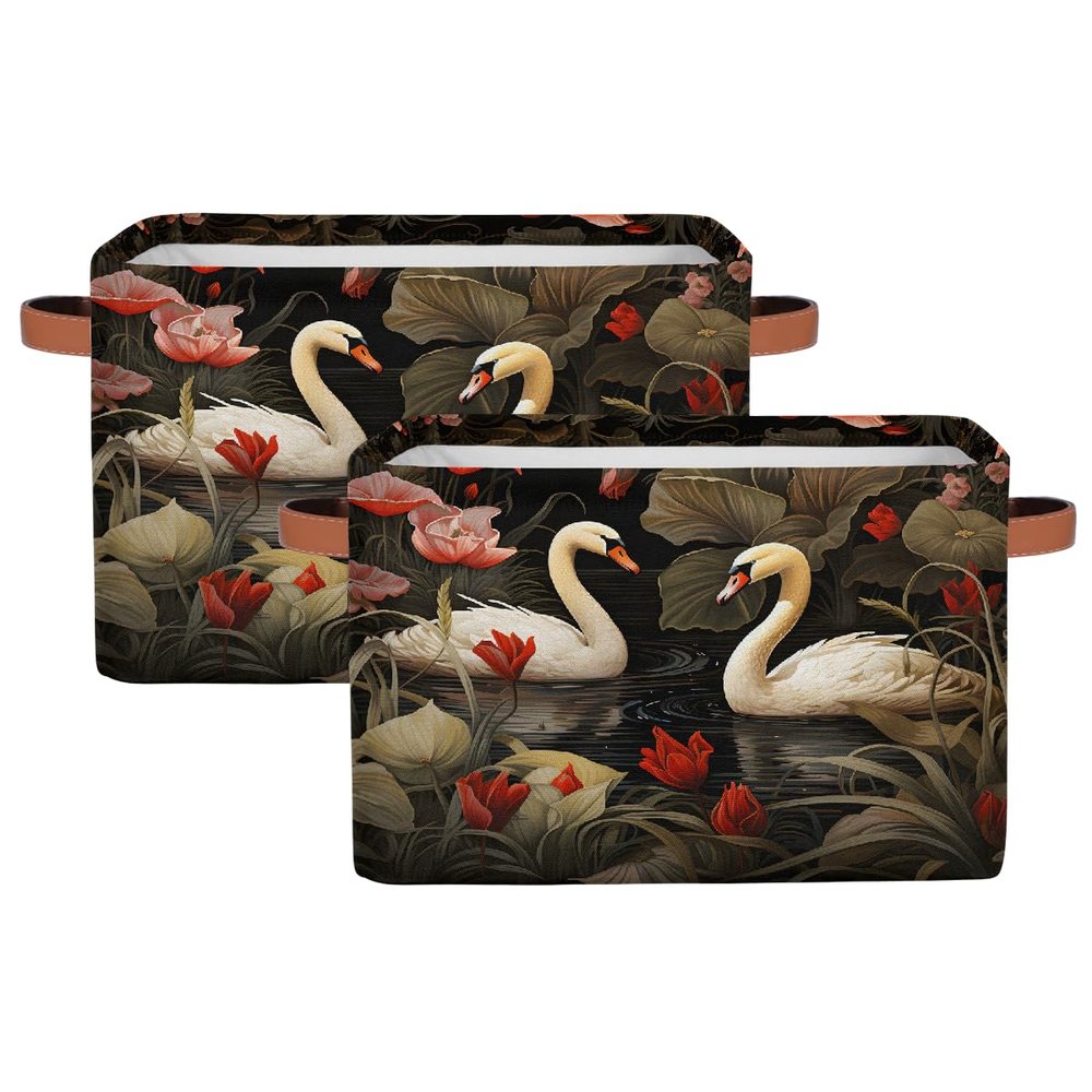 Mexpekil Floral Swan Canvas Storage Baskets, Foldable, 2-Pack