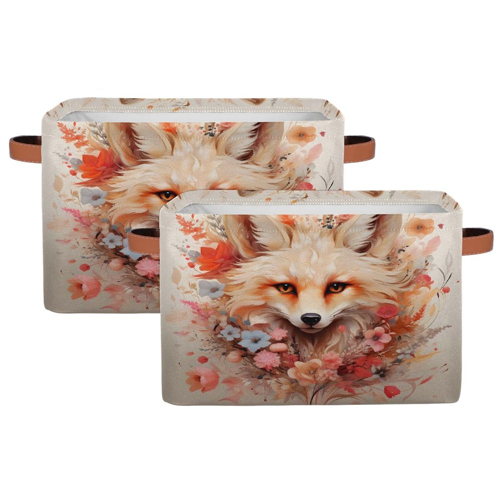 Mexpekil Collapsible Storage Baskets with Floral and Fox Design, 2-Pack