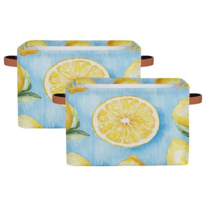 Mexpekil Collapsible Toy Storage Baskets, Fabric Shelf Bins with Handles, Yellow Lemon Pattern and Light Blue, 2-Pack