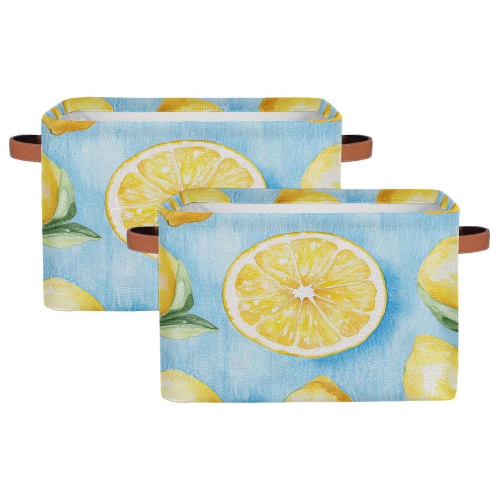 Mexpekil Collapsible Toy Storage Baskets, Fabric Shelf Bins with Handles, Yellow Lemon Pattern and Light Blue, 2-Pack