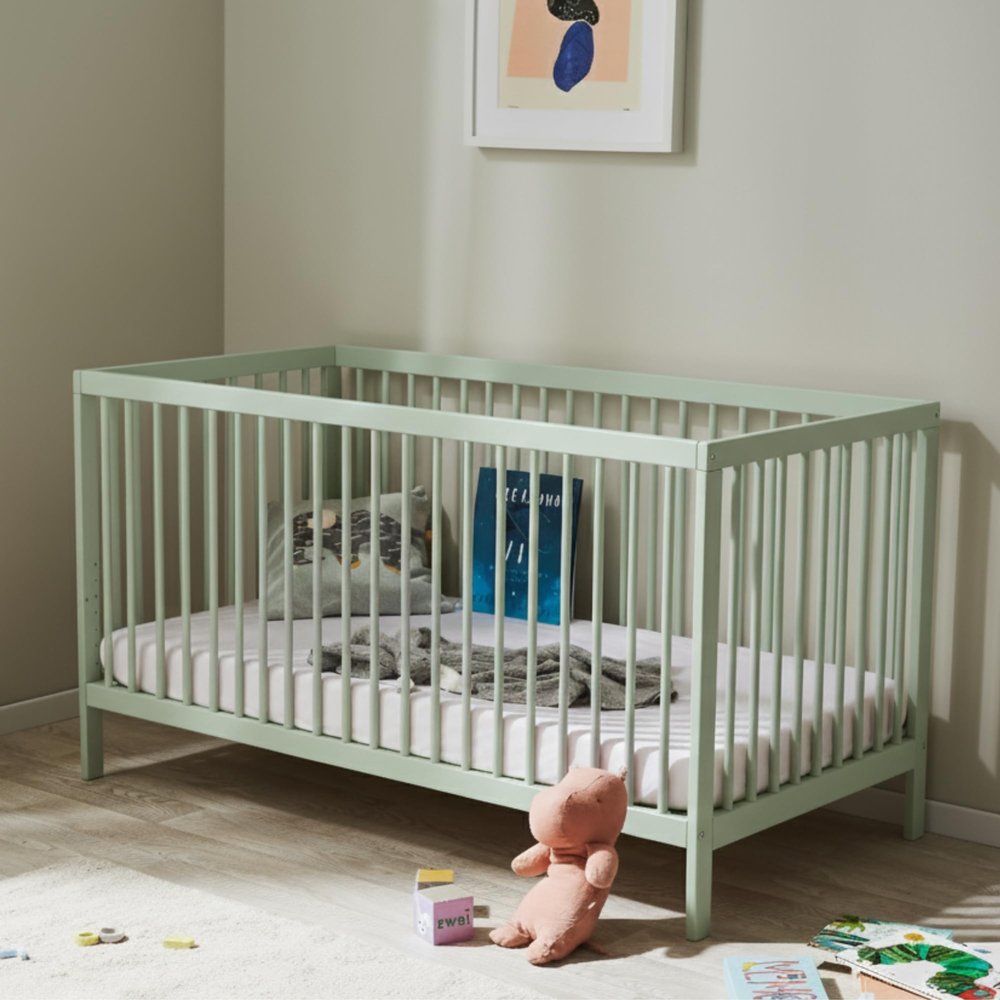 Kids Collective Baby Crib, 60x120 & 70x140 cm, Adjustable Base, Removable Slats, Solid Beech Wood, Green