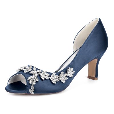 Gycdwjh Women's Royal Blue Satin Rhinestone Bridal Pumps, Mid Kitten Heel, EU 41