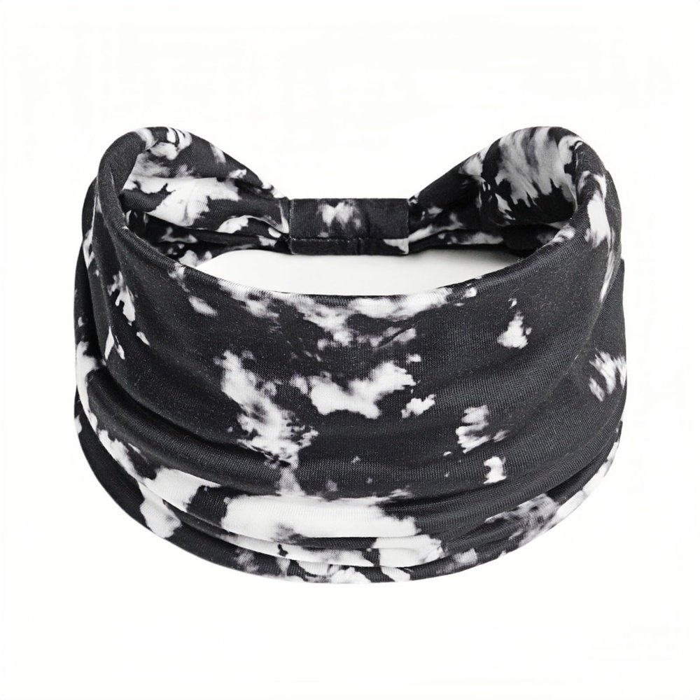 Boho Stretch Headband with Paisley Pattern, White-Black