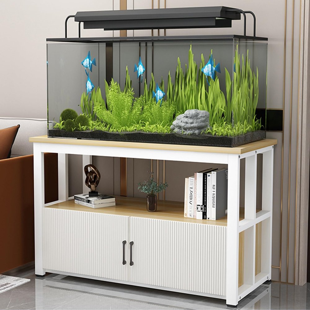 FORRTY Aquarium Stand with Cabinet, 2-Tier Fish Tank Rack, 40–120 cm, White/Wood