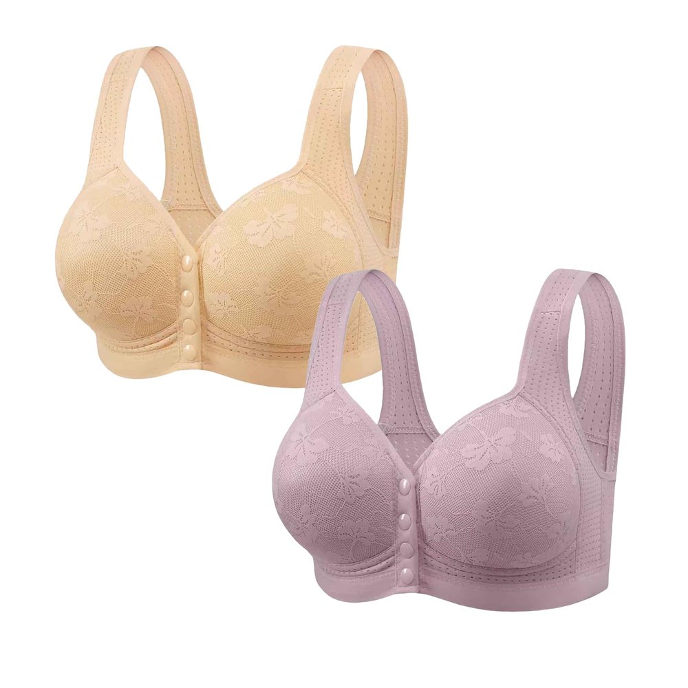 Guhmomh Women's Seamless Wireless Bras, 2-Pack, Push-Up Front Closure, Lifting, Anti-Sagging, Classic Comfortable Sleep Bustier, Wide Straps, Breathable T-Shirt Bralette, Beige/Purple, Size 38