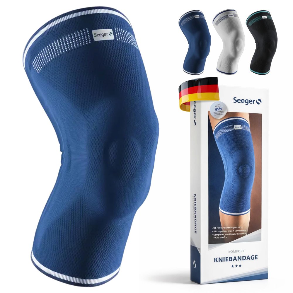 Seeger Comfort Knee Support, Compression Brace for Knee Stabilization and Pain Relief, with Silicone Pad and Spiral Stays, for Men and Women, Sports and Everyday Use (Blue, 5+)