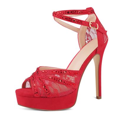 Cociy Women's Red Suede Peep-Toe Platform Pumps, Mesh Stilettos with Rhinestones, Ankle Strap, EU 41