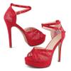 Cociy Women's Red Suede Peep-Toe Platform Pumps, Mesh Stilettos with Rhinestones, Ankle Strap, EU 41 view 3