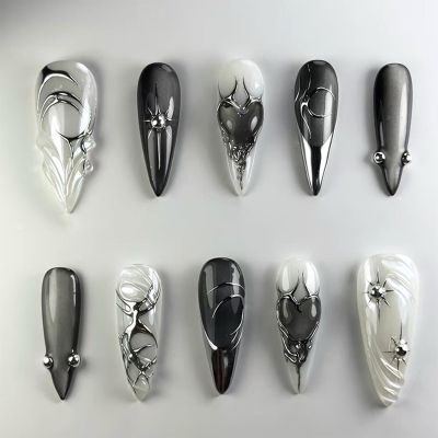 GlamRays 24-Piece Black Cat-Eye Almond Press-On Nails with 3D Crystal Design