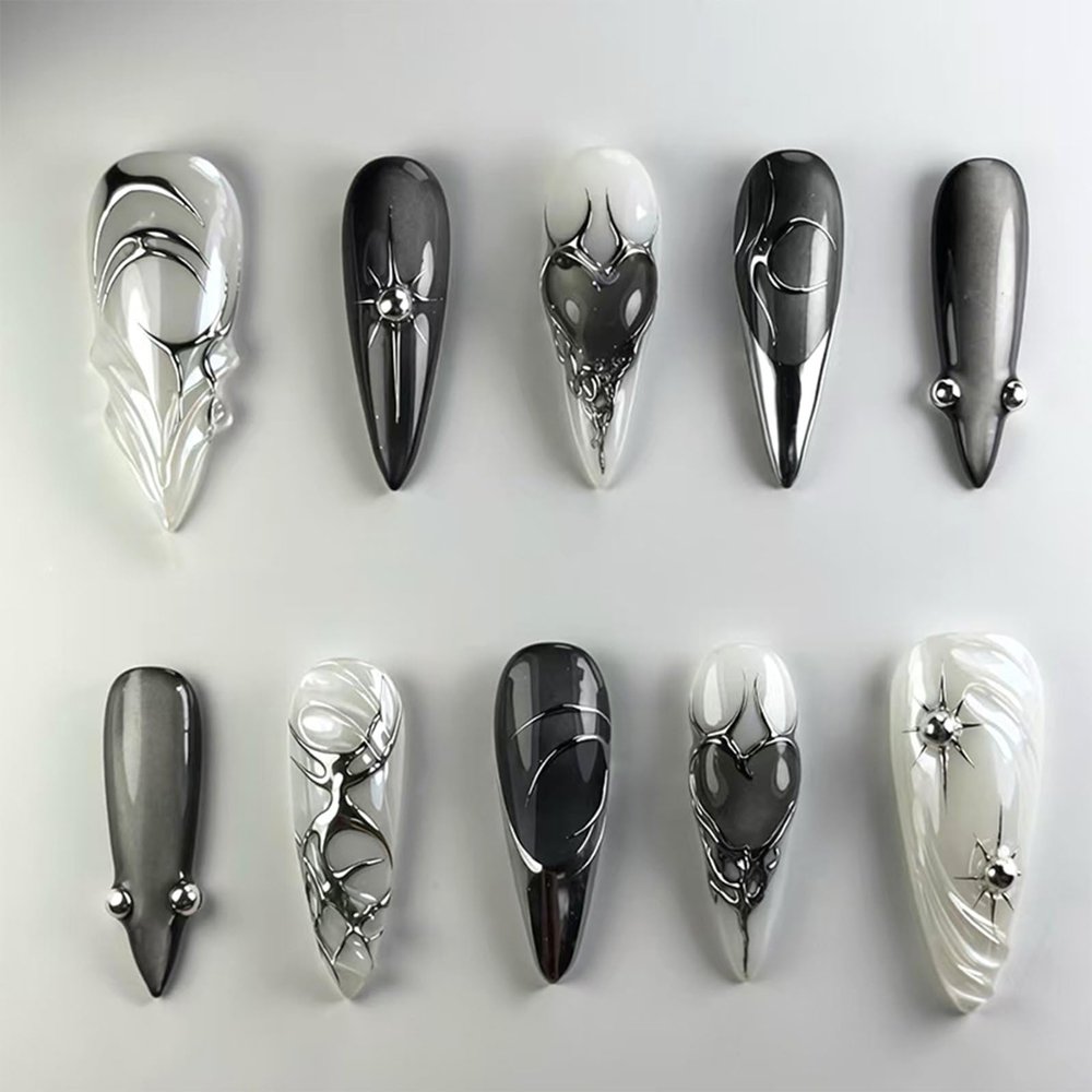 GlamRays 24-Piece Black Cat-Eye Almond Press-On Nails with 3D Crystal Design