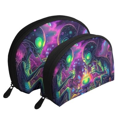 Cosmic Alien Makeup Bag, Neon Print, 2-Piece Set, White