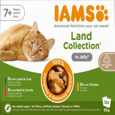 IAMS Delights Land Collection Senior Cat Food - Multipack (Chicken, Lamb & Beef) in Jelly, 12 x 85g