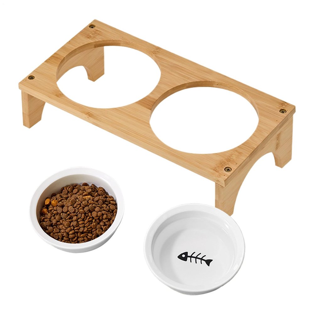 Elevated Angled Cat Bowl with Non-Slip Wooden Base
