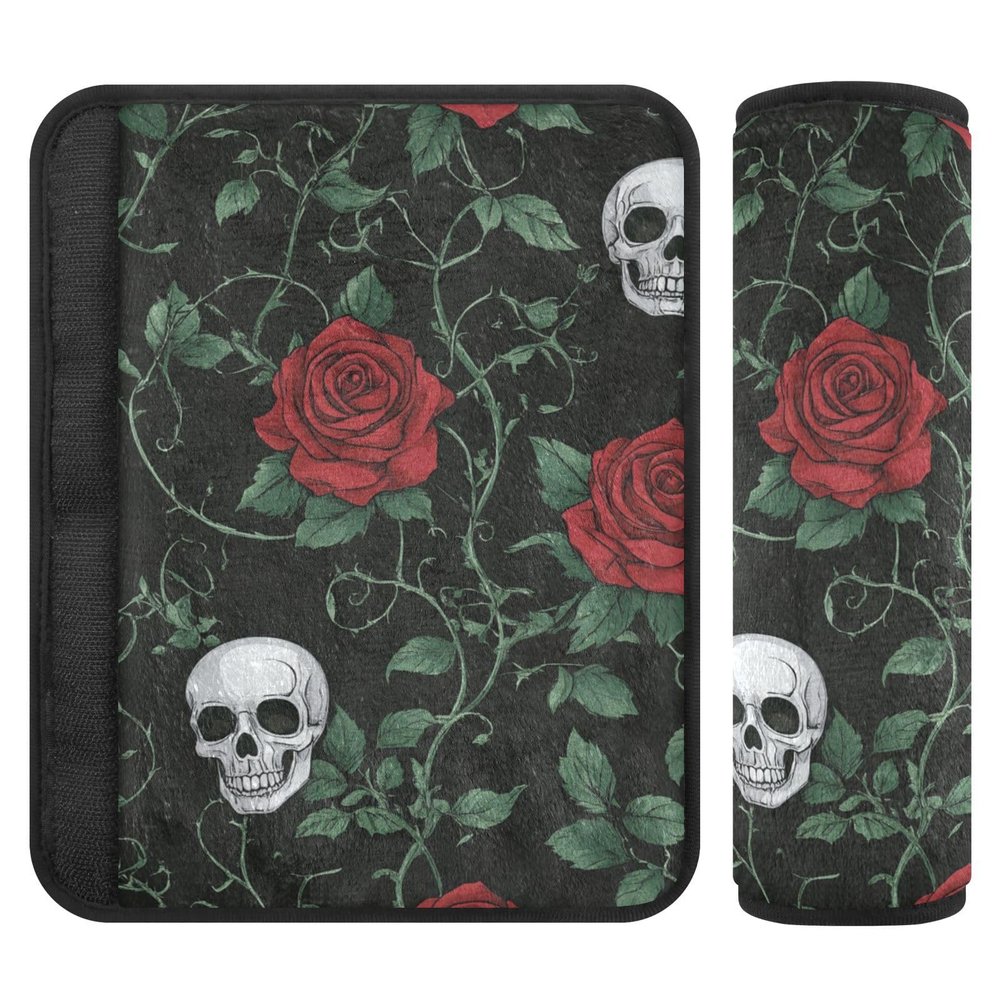 Valentine's Day Car Seat Belt Covers with Romantic Skull and Red Rose