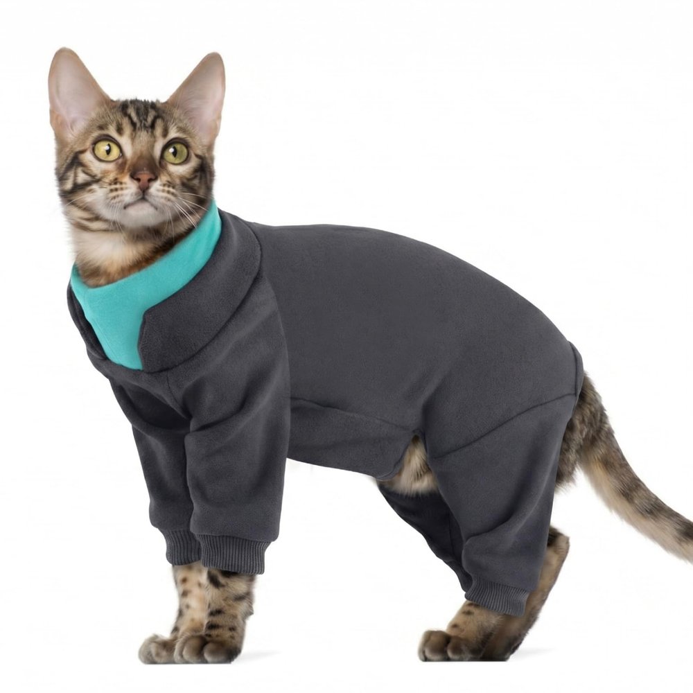 Long Sleeve Cat Bodysuit - Skin Care & Wound Protection Suit (Back/Legs) | Alternative to Collar for Licking Protection | Cat Overall Against Scratching | Soft Cat Clothing for Everyday (Gray L)