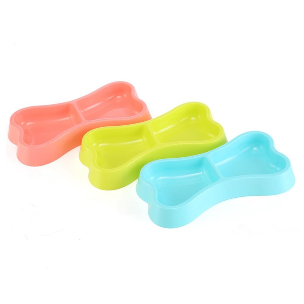 VANZACK Plastic Double Bowl for Dogs and Cats, Bone-Shaped Food and Water Bowl