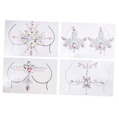 VICASKY Black Festival Tattoos, DIY Rhinestone Chest Stickers, 4 Sets, Acrylic Body Jewelry and Silver Body & Face Decor