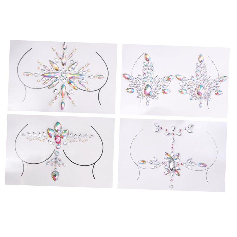 VICASKY Black Festival Tattoos, DIY Rhinestone Chest Stickers, 4 Sets, Acrylic Body Jewelry and Silver Body & Face Decor