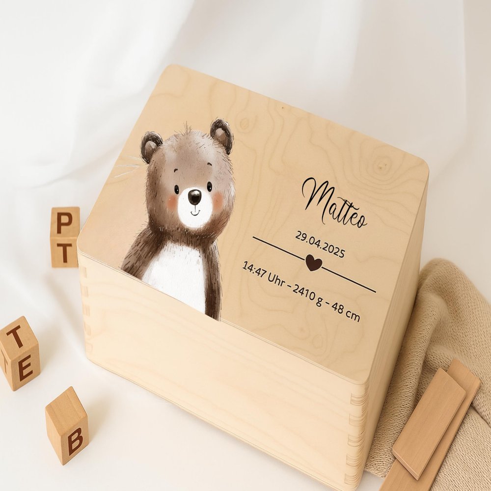 Personalized Wooden Baby Memory Box, Birth Gift, Woodland Animals, Engraved Birth Details (S: 20 x 15 x 11 cm, Bird)