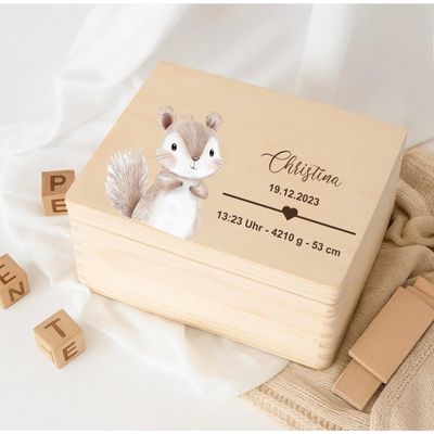 Personalized Wooden Baby Keepsake Box, Birth Gift, Woodland Animals, Engraved Birth Details (L: 40 x 30 x 23 cm, Cat)