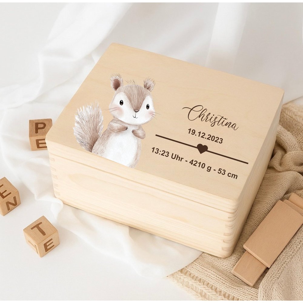 Personalized Wooden Baby Keepsake Box, Birth Gift, Woodland Animals, Engraved Birth Details (L: 40 x 30 x 23 cm, Cat)