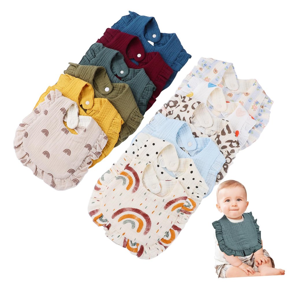 Veemoon 12-Piece Soft Cotton Muslin Bibs for Newborns