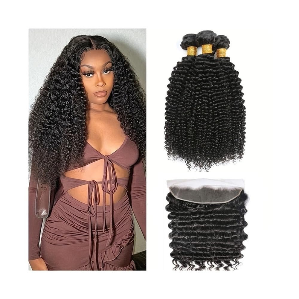 Deep Wave Brazilian Remy Human Hair Bundles with 13x4 Lace Frontal, 18/20/22" Bundles with 16" Frontal