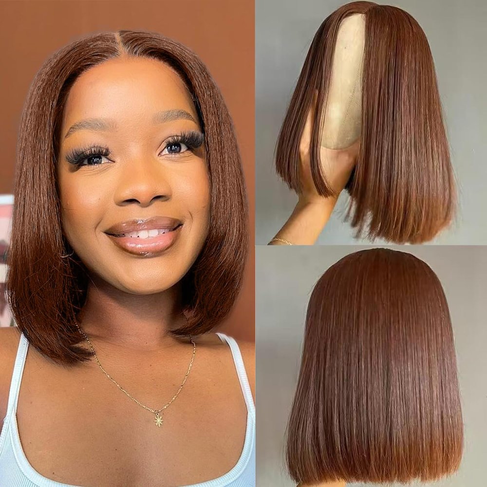 TNICE 8-Inch Chocolate Brown Straight Human Hair Bob Wig, 4x4 Lace Front