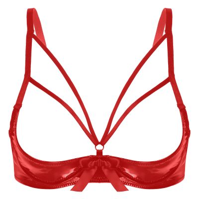 GRRKDFQ Sexy Women's Open-Cup Bowknot Bra, Red, XXL