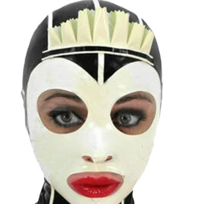 GAYLOP Latex Hood with Front Lace, Maid Uniform Rubber Mask, Back Zipper, Roleplay Party Dress, L, Black and White