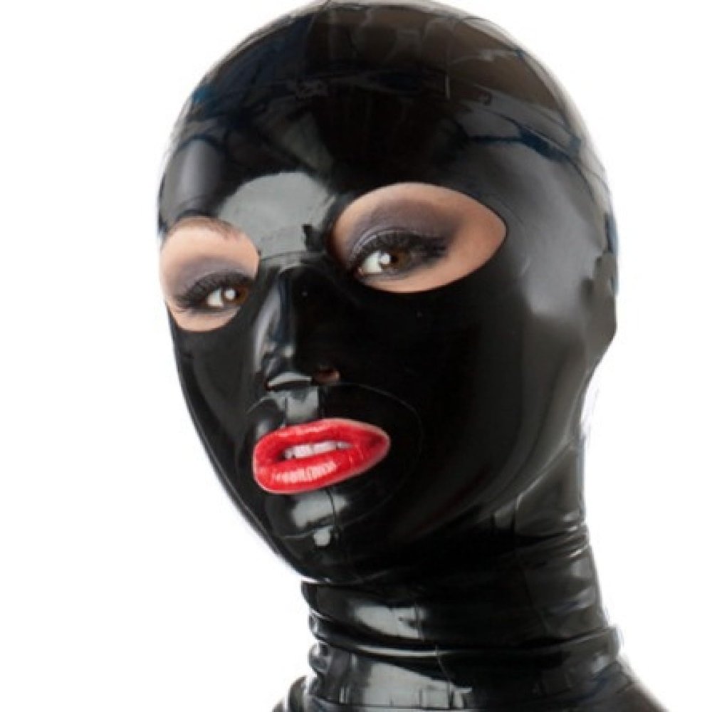 GAYLOP Latex Mask, Black Latex, Hooded, Large Open Eyes and Mouth, XS, Red