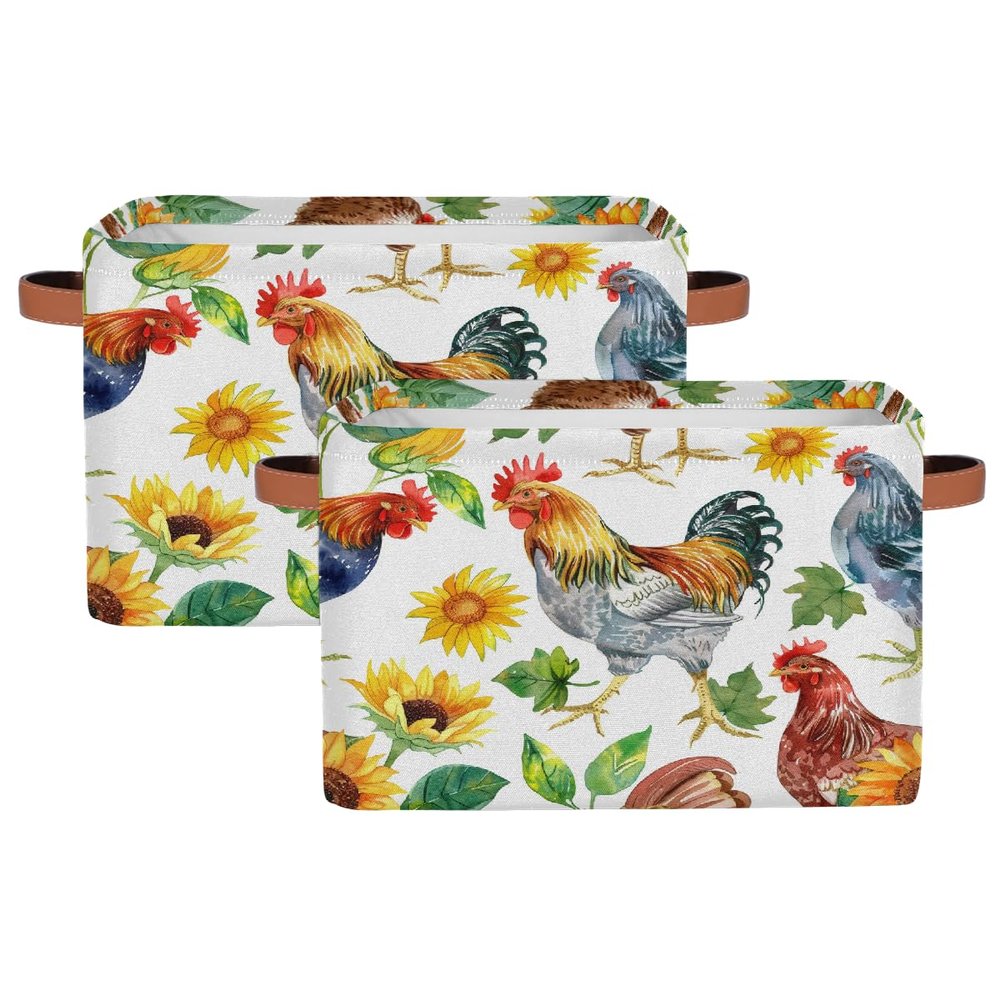 Mexpekil Foldable Storage Basket with Rooster and Sunflower Pattern, 2-Pack