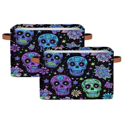 Mexpekil Foldable Storage Baskets with Neon Skull Flowers, 2-Pack