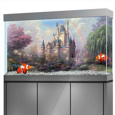 LYYAB Aquarium Background Sticker - Fairy Castle Rainbow Self-Adhesive Fish Tank Reptile Terrarium Decor Poster (60 x 40 cm)