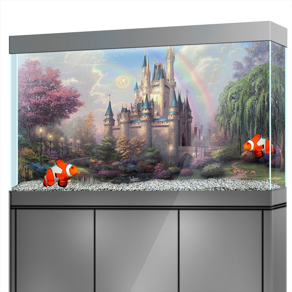 LYYAB Aquarium Background Sticker - Fairy Castle Rainbow Self-Adhesive Fish Tank Reptile Terrarium Decor Poster (60 x 40 cm)