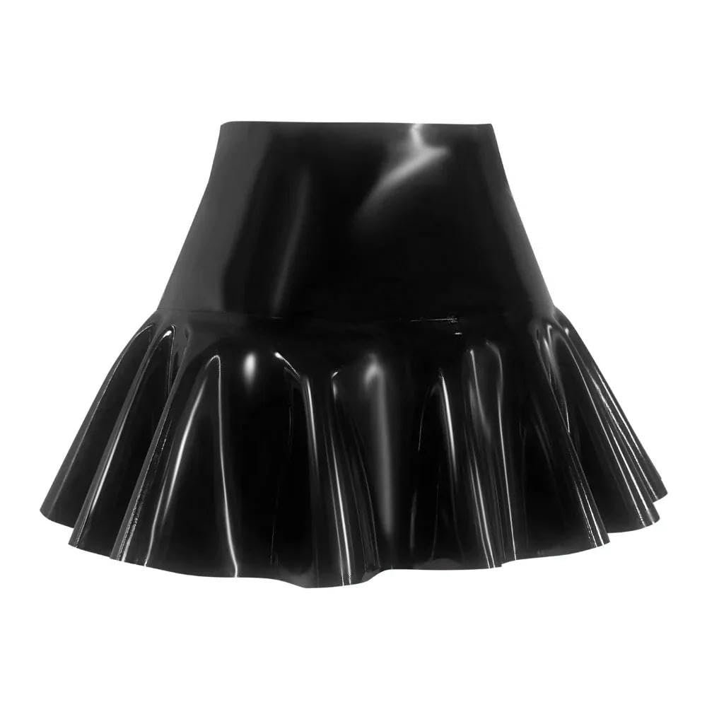 AZRLZP High-Waisted Latex Mini Skirt with Ruffle Hem, Sexy Role-Play Costume (Black, XL)
