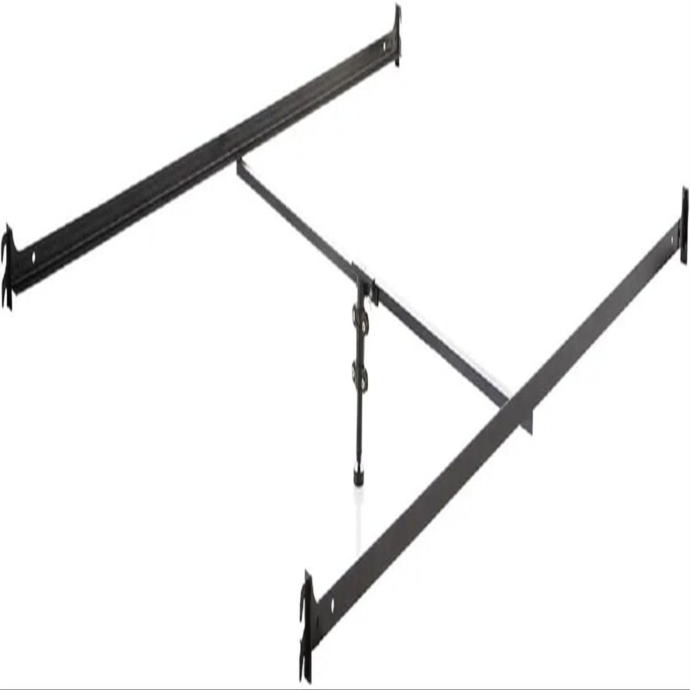 GOXQIT Attachable Metal Bed Rail with Center Bar and Height-Adjustable Support Leg, Queen, Black, for French Beds