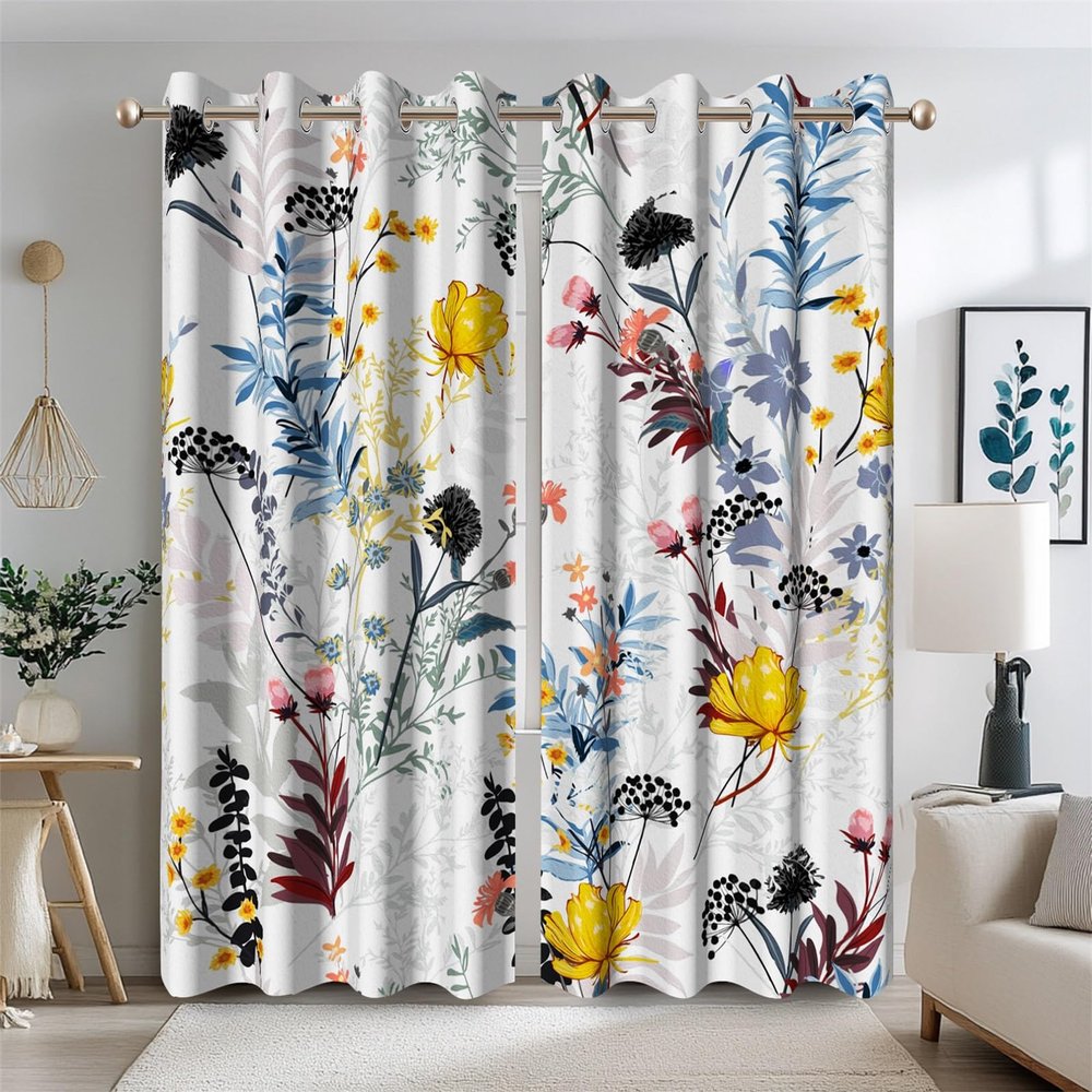 Ttincceer Botanical Blackout Curtains, 107 x 215 cm, Boho Wildflower Print, 2 Panels