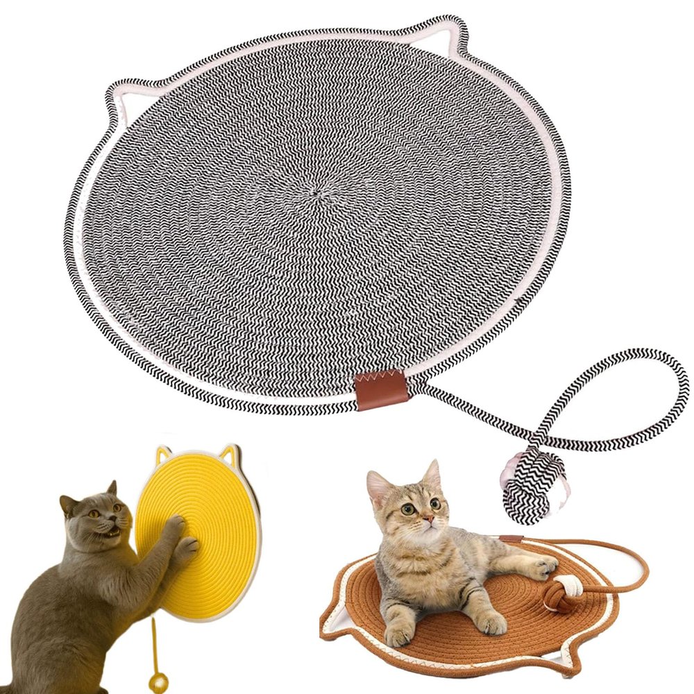Qosigote Dual Cat Scratching Mat, 50 cm/19.69 in, Enlarged Sisal Carpet with Cotton Ball Toy and Cat-Ear Design, Gray
